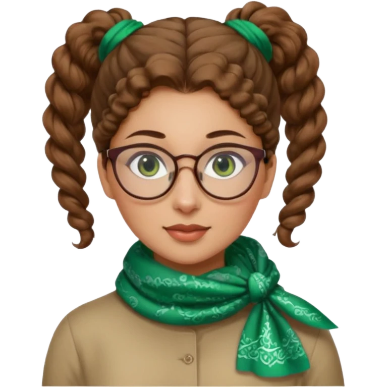 iranian woman, tight curly light brown hair in one high pony tail, glasses, green eyes, pretty, oval shape face, no hajib, scarf on neck emoji