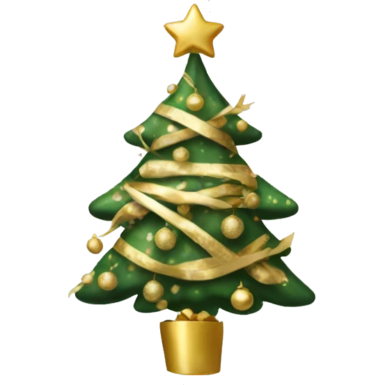 a christmas tree with white and gold ornaments and a gold wrapper emoji