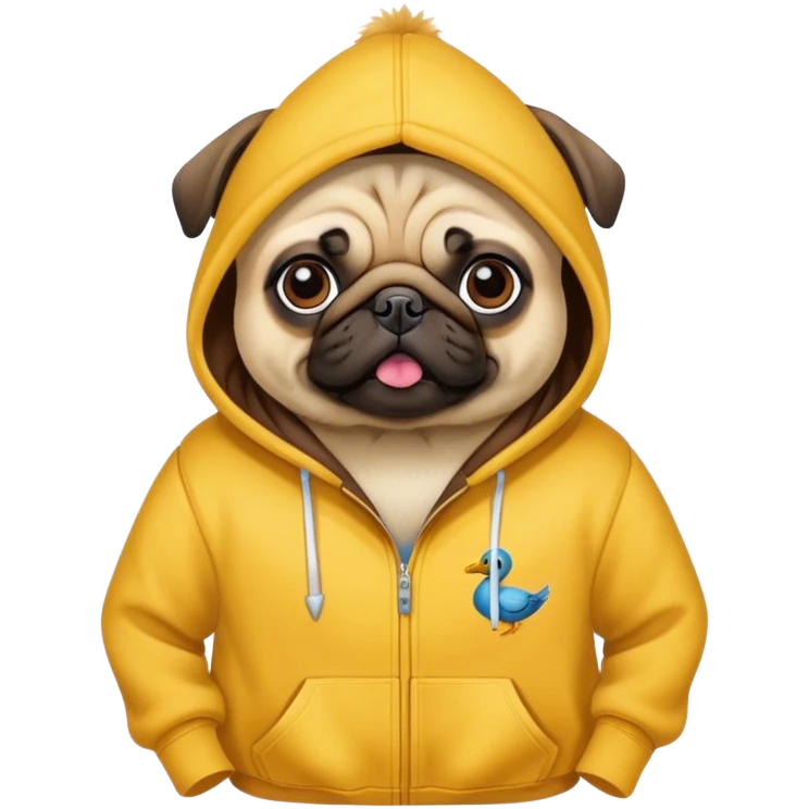 Pug wearing a duck-themed hoodie emoji