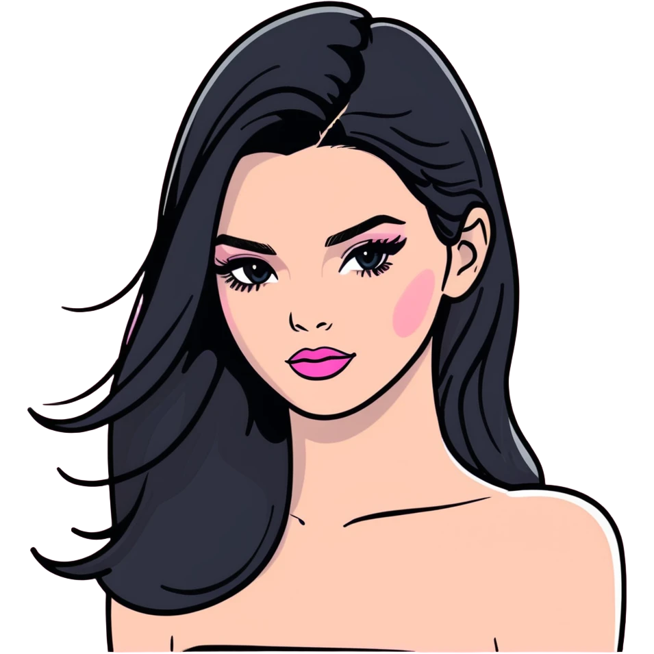 Kendall Jenner, elongated face, long flowing hair, pink glossy lipgloss, pink blush on cheeks, cat-eye winged eyeliner, bare shoulders and upper body emoji