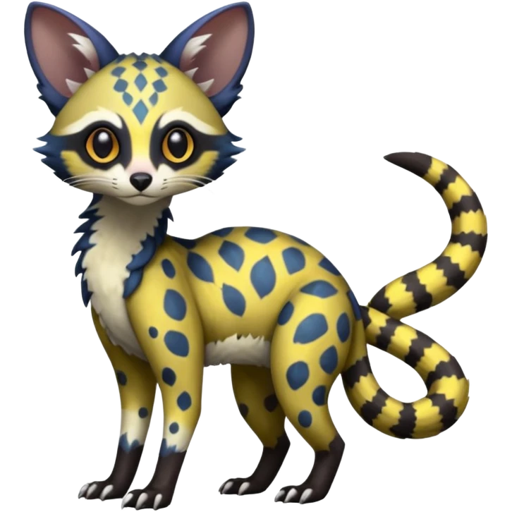 Rare realistic warm-colored lush exotic cute edgy epic aesthetic gloomy spooky dark modern colorful cyber-Genet-Trico-species-Fakemon-hybrid-creature, with beautiful intricate markings, full body emoji