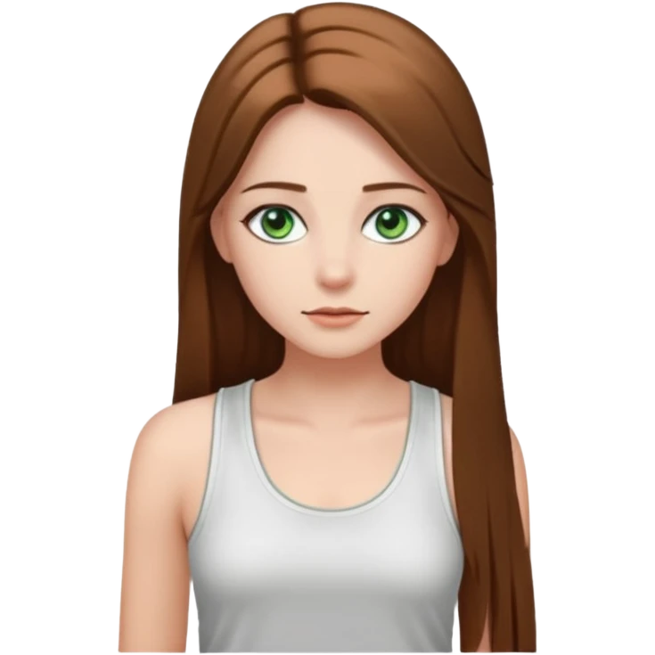 A girl with long brown straight hair, green eyes, and a white tank top; she doesn't have bangs. she wear a lot of silver jewerly  emoji