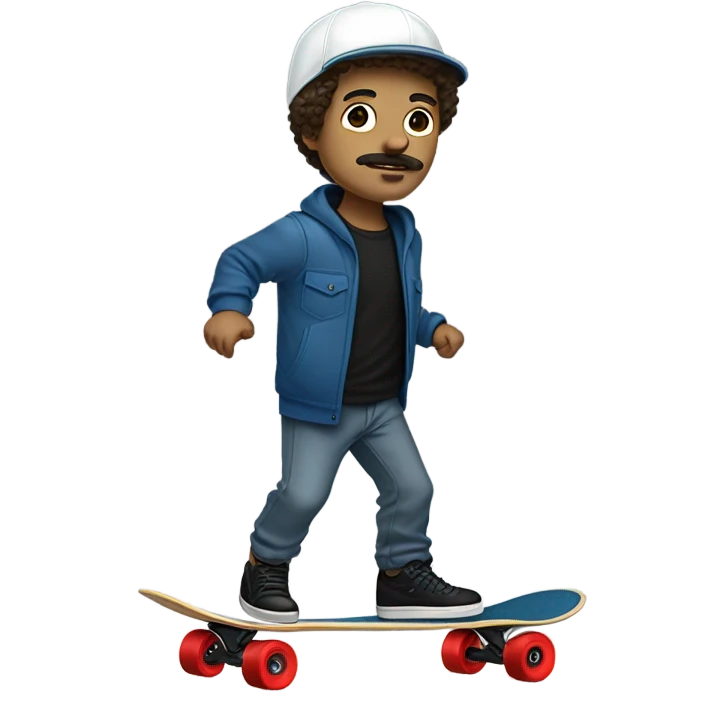White guy with mustache skateboarding short curly hair with gold sparkly helmet and red wheels black cargo pants and blue sweatshirt and black shoes emoji
