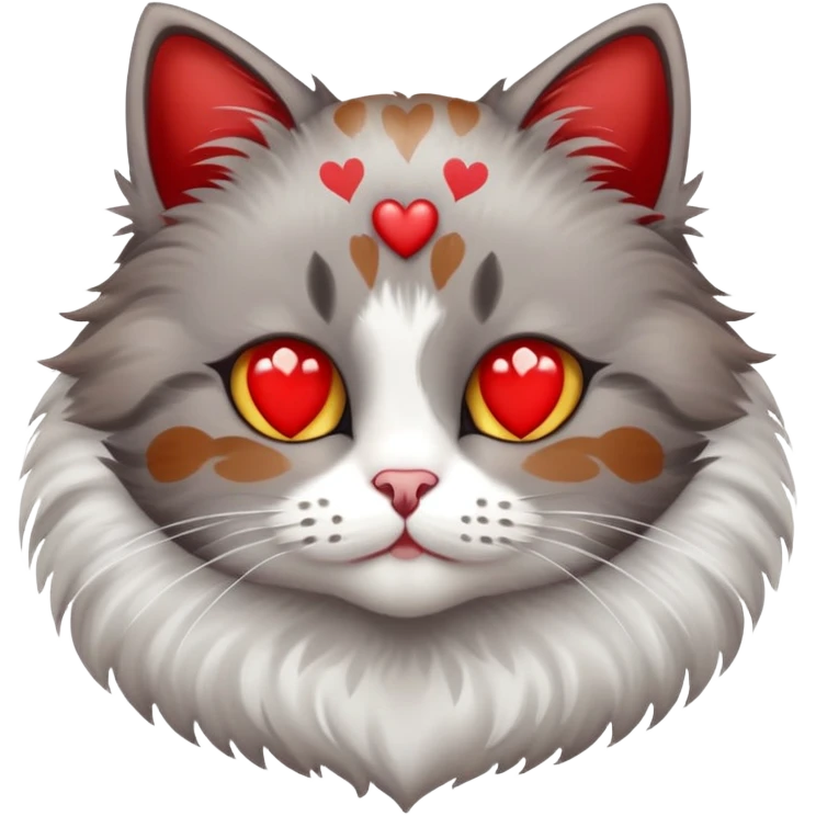 Grey Brown cat with red spots and a white heart emoji