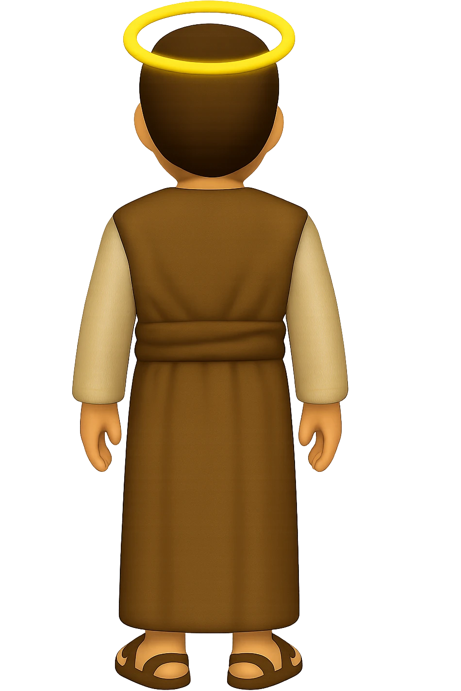 Back view, centered full body, facing away, classic emoji style of apostle Peter with short hair, no hood, arms down by sides, smiling, expressive face, halo, wearing long sleeve brown clothes with beige details, no background. The style should mimic classic emoji style. emoji