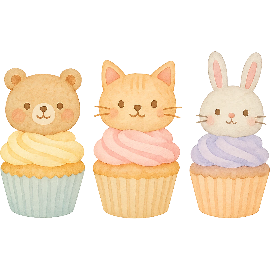 watercolor style mini cupcakes with animal faces of bear, cat, and rabbit, soft pastel tones, transparent background emoji