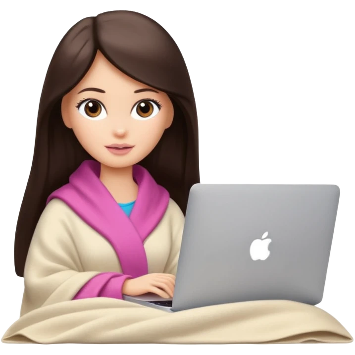 Barbie girl with a long straight dark brown hair inside a pale beige blanket working macbook  emoji