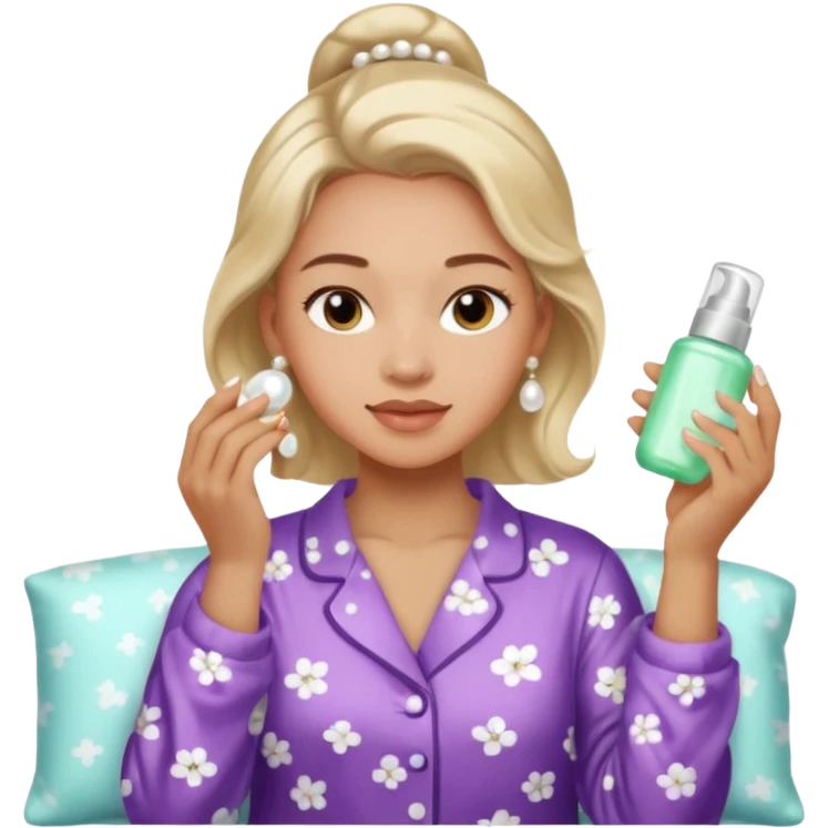 Clean girl aesthetic emoticons, apply skincare products, pearl earrings, glowing skin, pajamas, soft lighting emoji