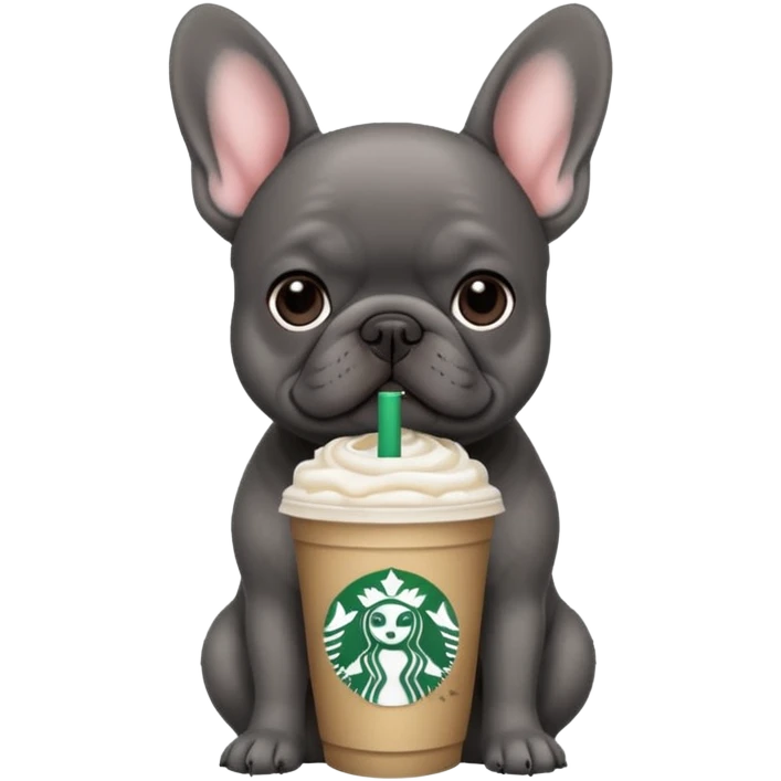 dark grey french bulldog with starbucks drink emoji