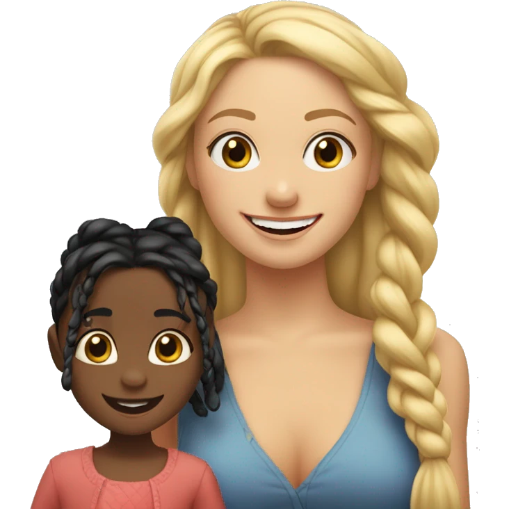 An emoji of a blonde mother with very long hair and a cheerful expression, standing next to her 3-year-old daughter, a small girl with black hair styled in two braids, both smiling happily together emoji
