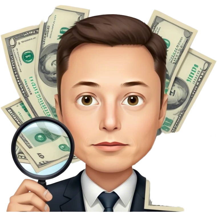  Magnifier over Elon musk  and some dollars spread emoji
