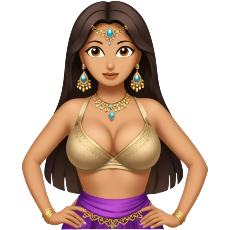 naked bellydancer with very massive naked breasts, giant cleavage, no bra, no top, topless, skin coloured top emoji