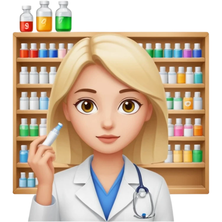 girl working in a pharmacy with very sunny bright eyes emoji
