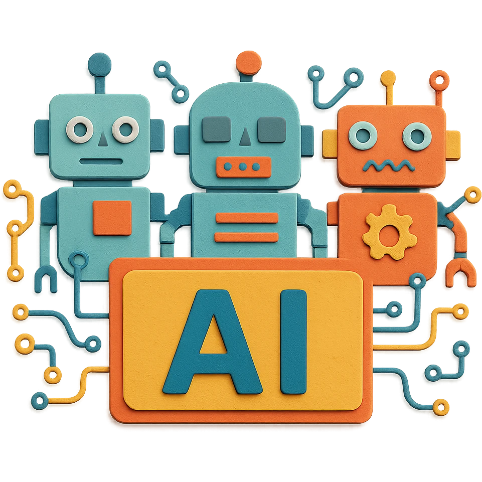 AI banner with paper craft layered robots and circuits emoji