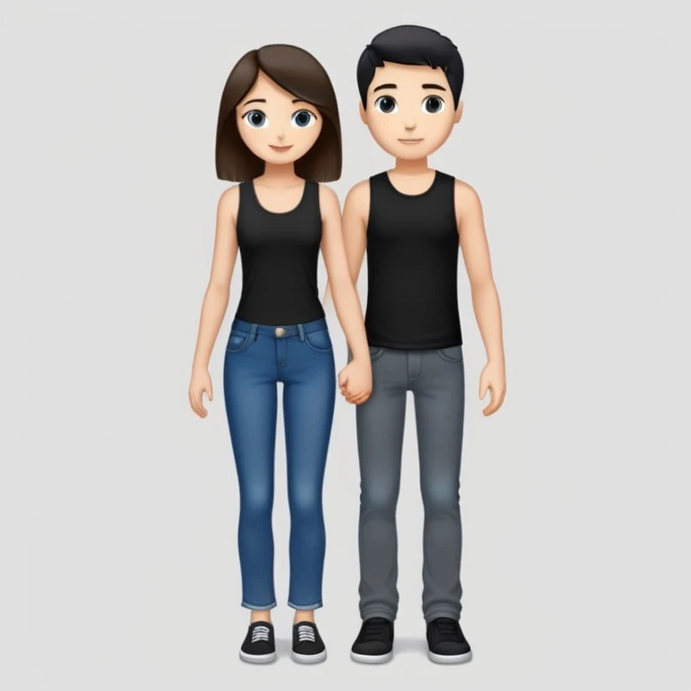 A girl with long brown hair holding the hand of a boy with short black hair, she wearing a black tank top with flared blue jeans, he wearing a black t-shirt with grey jeans, couple in love emoji
