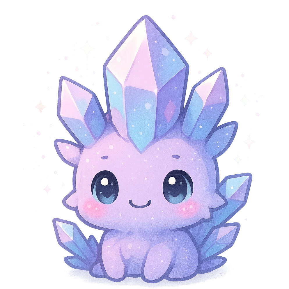 kawaii chibi crystal sprite creature, pastel purple and blue, pink highlights, magical aura, chibi style, cute face emoji