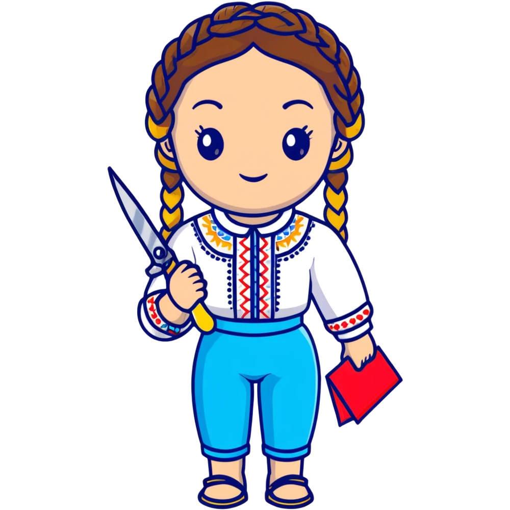 Ukrainian young girl with braided hair wearing a white embroidered traditional shirt (vyshyvanka) holding scissors and colorful craft paper emoji