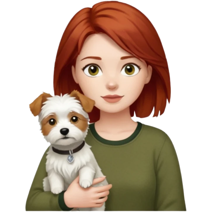 Westhighland white terrier dog being held by woman with dark shoulder length red hair and hazel eye wearing olive green top emoji