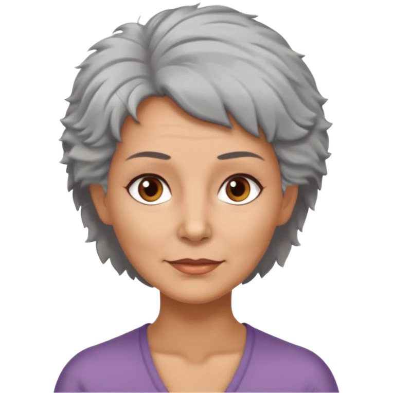 woman 50 years old, shaved grey fluffy hair, tannes skin and brown eyes emoji