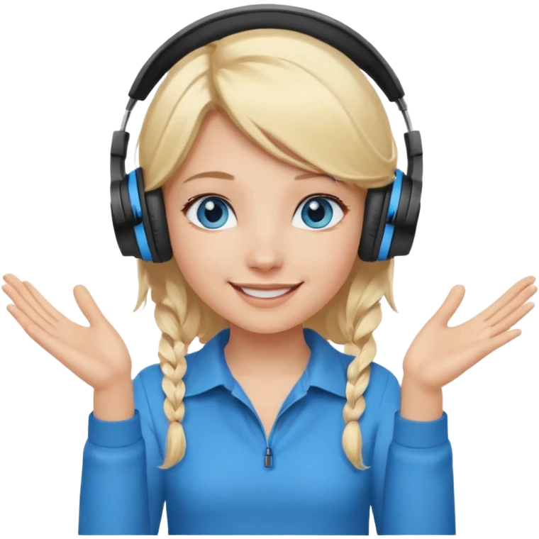 girl with blonde hair and blue eys with heands telling what, having heaphones on head emoji