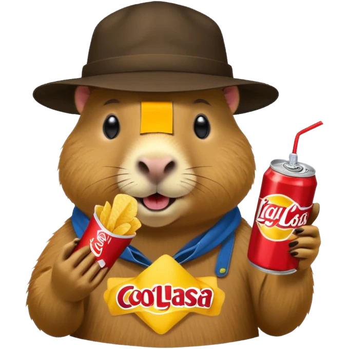 Capybara with a cool hat  eating Lays chips with coke emoji