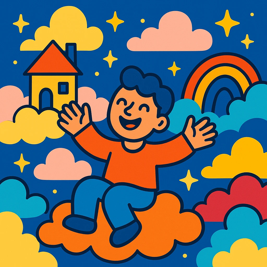 dream life as a colorful, whimsical scene with clouds, stars, and a happy character, in vibrant toon style emoji