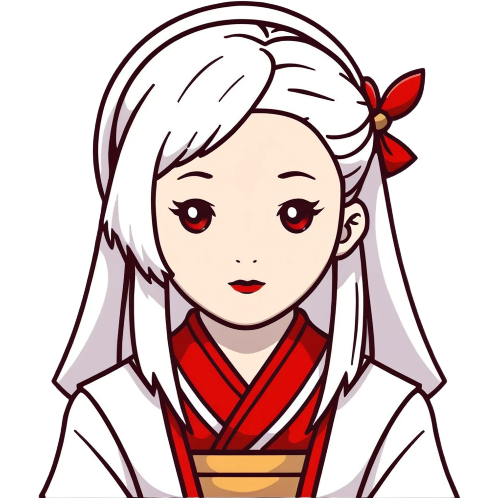 forty year old albino shrine maiden with white hair, red eyes, and pale face emoji