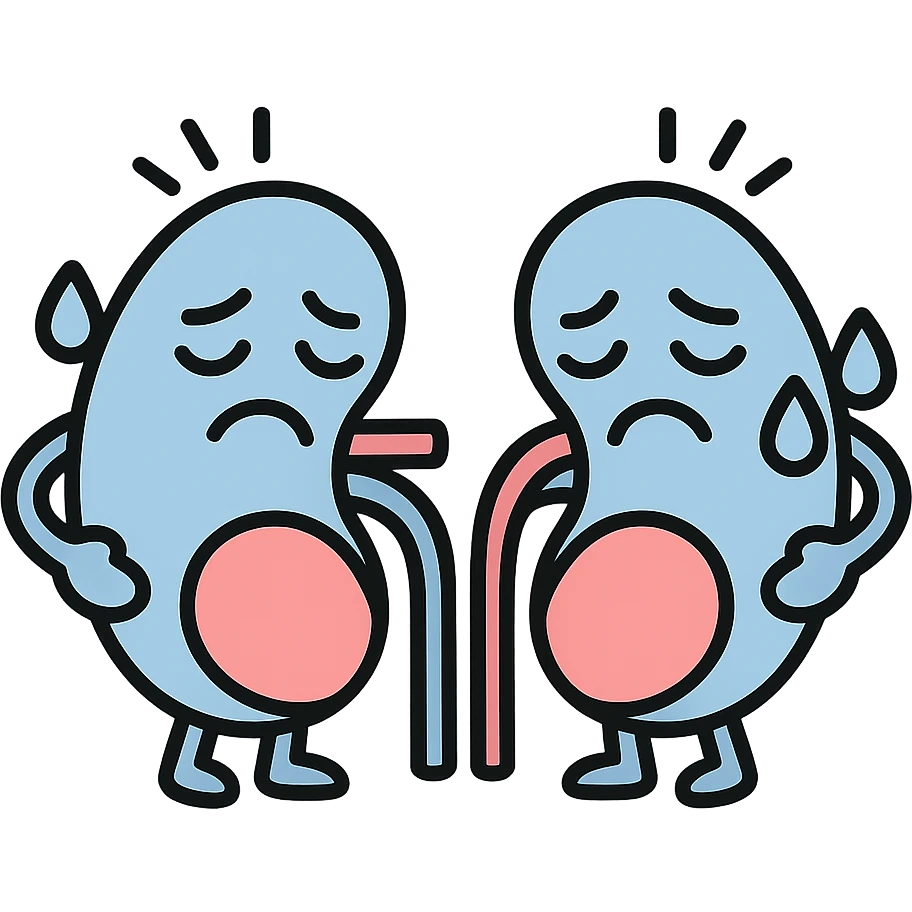 cartoon kidneys with stress lines and sweat, holding their sides, tired eyes, soft blue and pink tones, medical style emoji