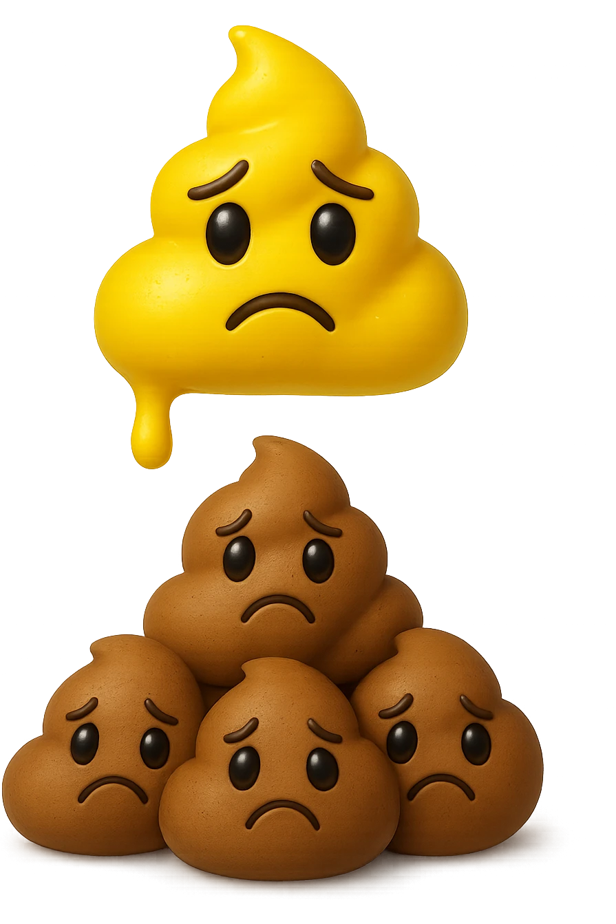 emoji stile iphone di una cacca giallina e liquida con espressione triste, sopra una montagnetta di feci a palline con espressione triste, iperrealistico 4k, isolato su sfondo bianco emoji
