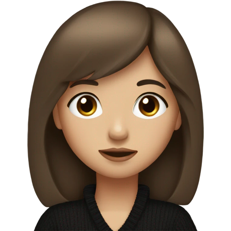 A girl with brown eyes, full lips, long brown hair with bangs, wearing a black sweater emoji