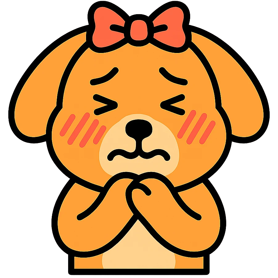 blushing, embarrassed dog with a ribbon on its head, black outlined icon style with light color accents emoji