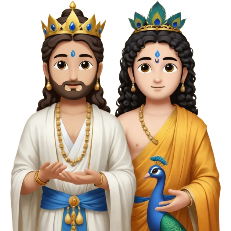 Create a Jesus, Krishna, and Buddha standing together. Krishna: bright blue skin, black curly hair tied in a small topknot, a tiny golden crown decorated with a peacock feather, wearing a yellow dhoti and light golden jewelry

 emoji