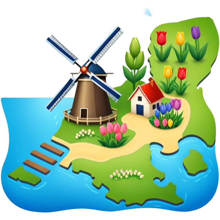 Map of the Netherlands showing canals, tulips, and windmills emoji