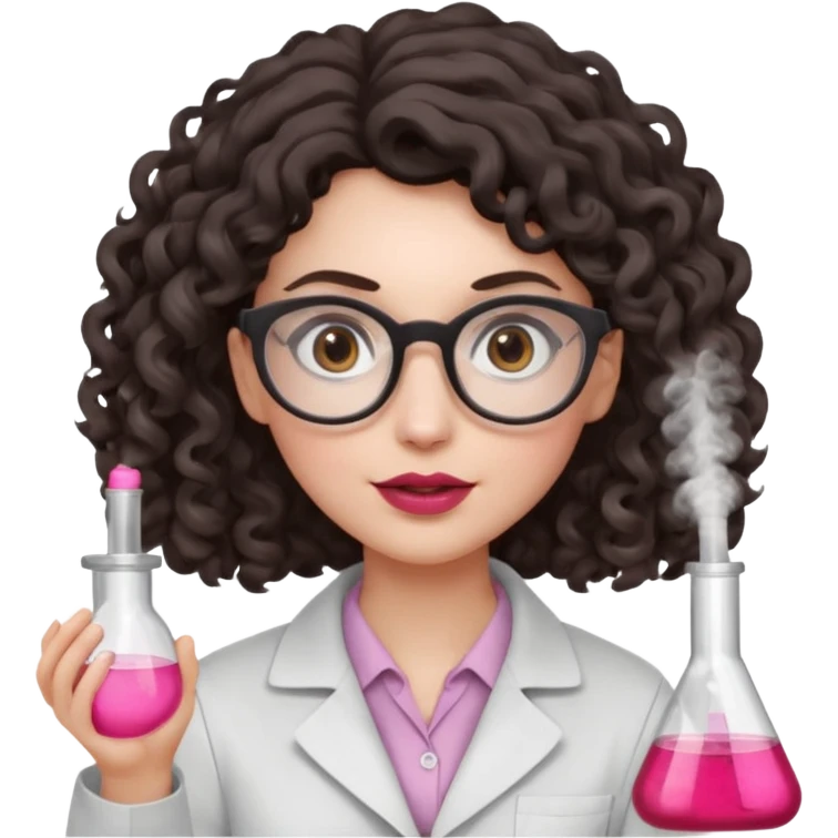 A crazy female scientist, with curly-wavy dark brown medium lenght hair, brown eyes and light grey glasses and pale skin and pinkish lips, dressed to look like an english teacher but in neutral tones like grey black white, maybe with the pop of dark red, with no girly colors,  emoji