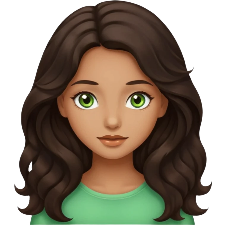 Beautiful girl, dark brown hair, wavy hair, long hair, tan skin, light green eyes emoji