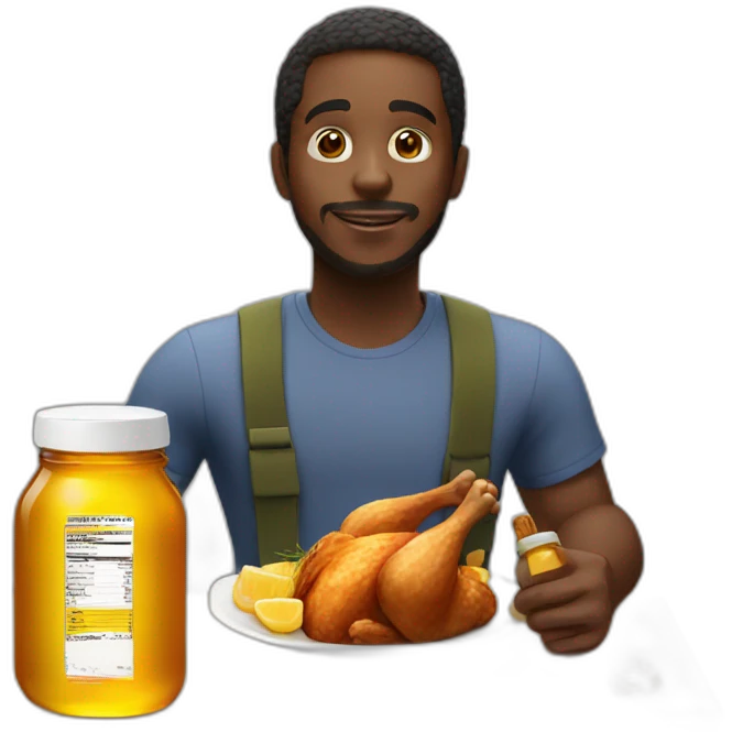 Black man eating chicken next to a honey bottle emoji