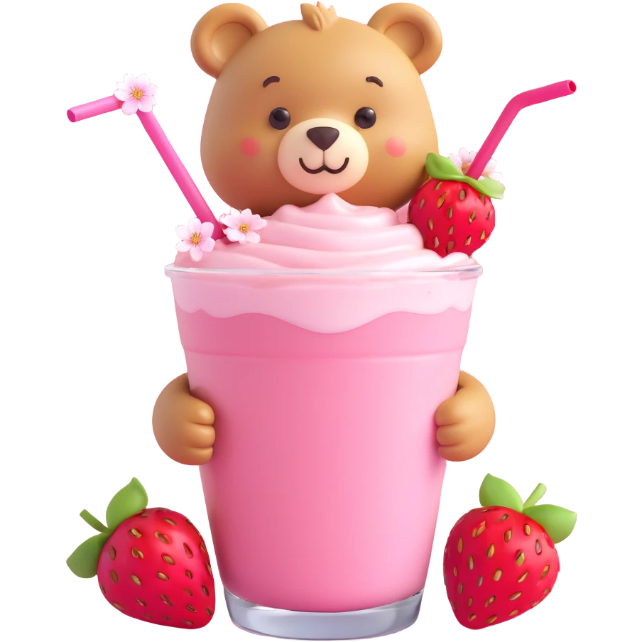 cute bear peeking from a strawberry milkshake cup with a straw, two strawberries, cherry blossom flowers, pastel colors, soft shadows, clean minimal aesthetic, 3D iOS style emoji