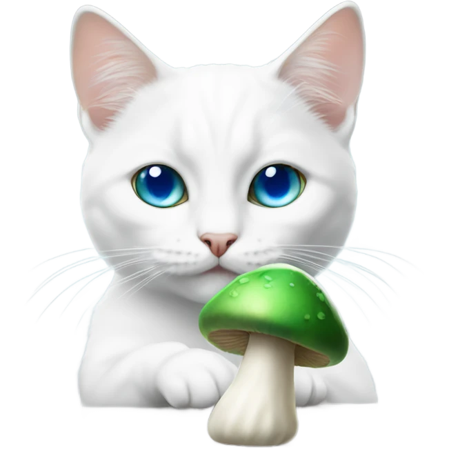 white cat with one blue eye and one green eye eating a mushroom emoji