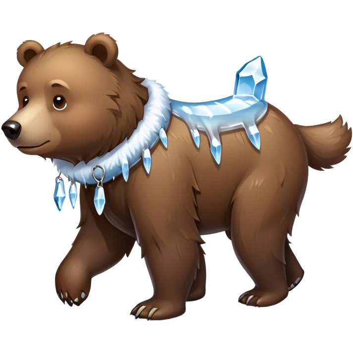 Natural looking brown bear walking on four paws, wearing a thick collar made of clear ice with sharp icicles dangling from it, like a large dog collar shape emoji