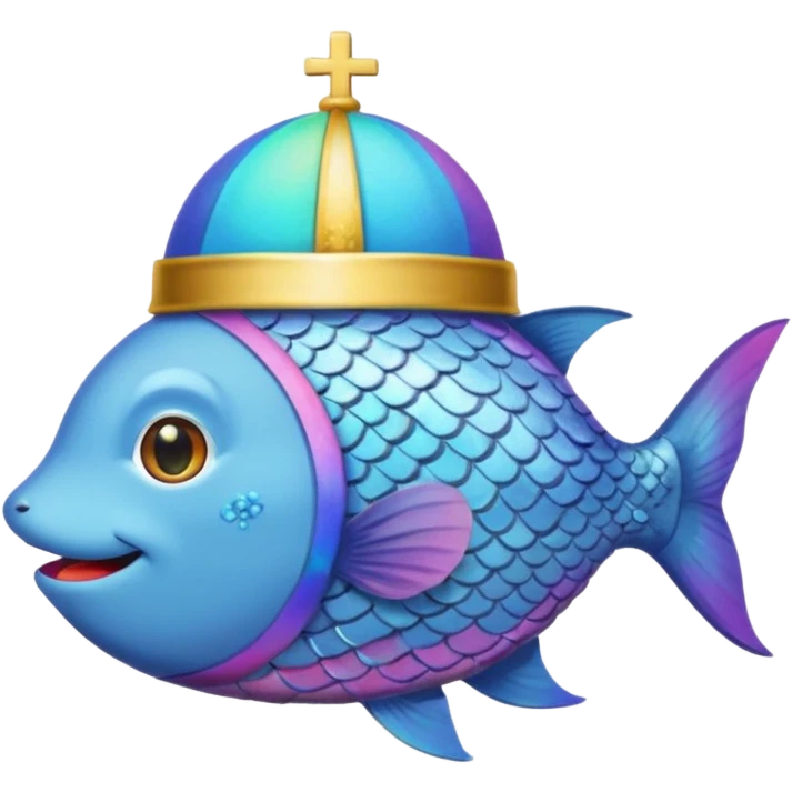 Rainbow fish with the pope-hat and a brown cat coming out of his mouth emoji