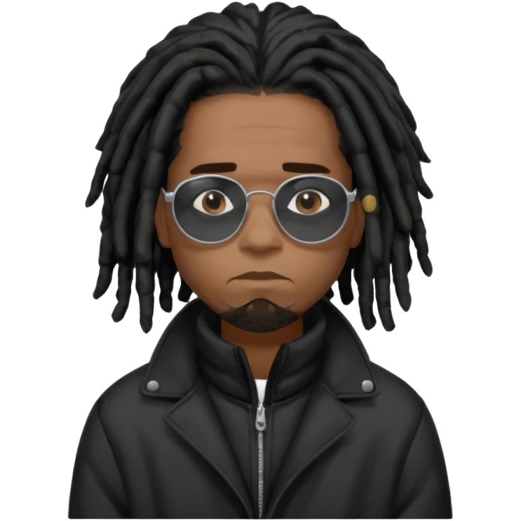 African American man brown skin complexion with black dreadlocks shoulder length wearing black bubble winter coat wearing black sunglasses with sad face emoji