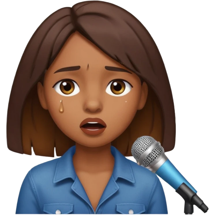 Brown skin girl singing into a microphone looking sad  emoji