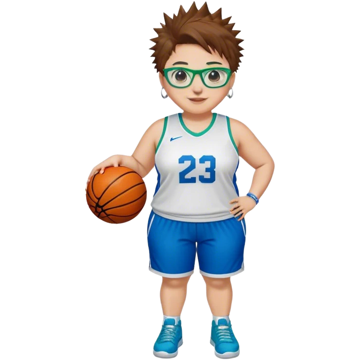 Full Body plus size white female basketball player with short medium brown hair with short spike hair wearing blue glasses 
With a pug wide nose wearing blue green uniform  green sneakers smiling wearing silver hoop earrings emoji