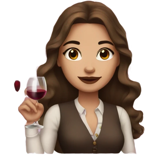 rich girl with white skin, long brown hair, dark eyes, with makeup, with wine emoji
