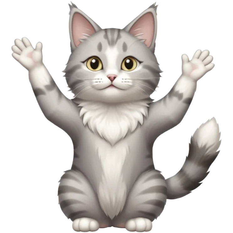 grey and white cat doing a big long stretch reaching up into the airwith arms together emoji