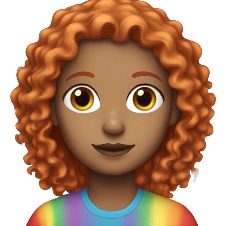 white girl with a rainbow shirt and a red curly hair emoji