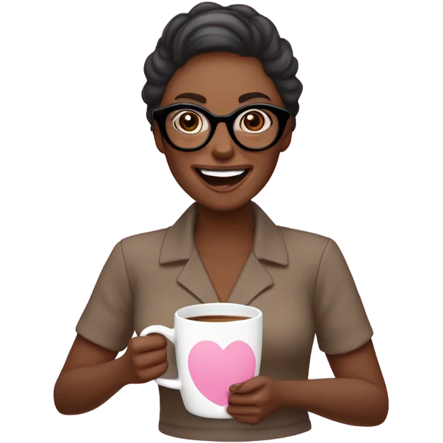 Una mujer con lentes color rosado claro y cabello castaño oscuro trabajando frente a una mac con cara de felicidad. Con pijama de color rosada puesto, y una taza de café en una de las manos emoji