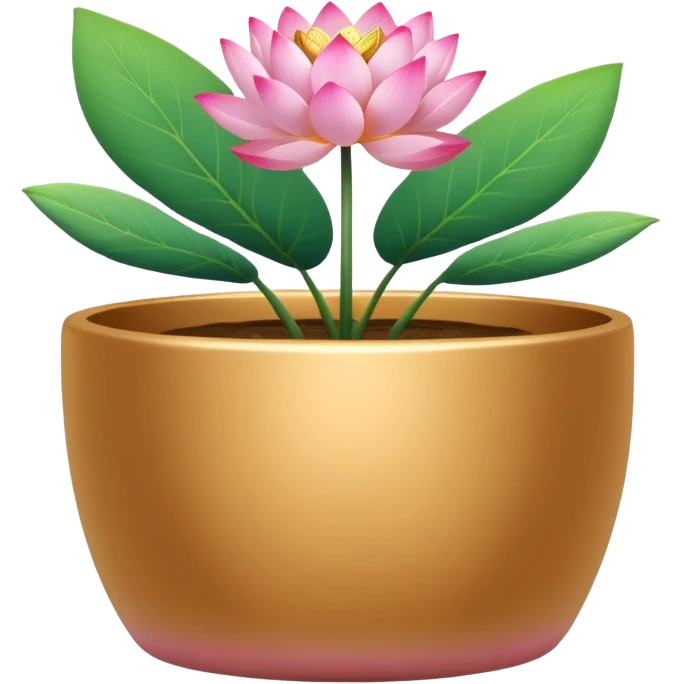 Gold-colored ceramic flower pot; it is shallow and cylindrical, and contains a lotus flower plant.
 emoji