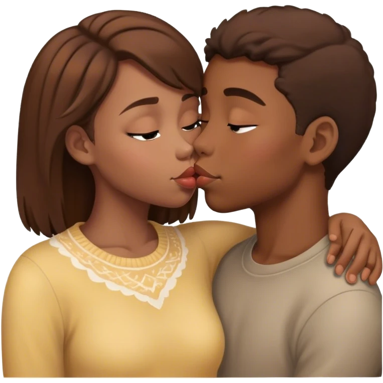 An African-American boy kissing a soft girl with brown hair emoji