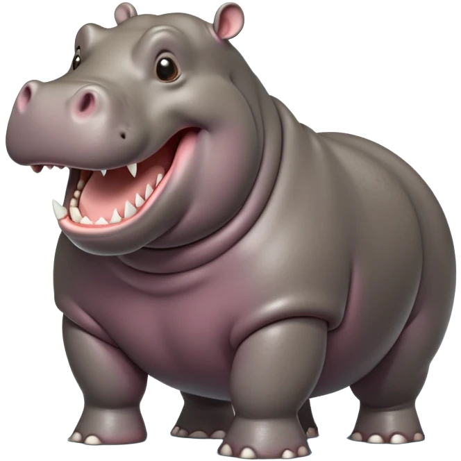 cinematic-hippo-realistic-full-body side view-standing on all fours-emoji,-massive-round-frame,-wide-mouthed-grin-exposing-huge-teeth,-head-tilted-dramatically,-thick-greyish-brown-hide-glossy-from-water,-simplified-yet-realistic-focused-features,-highly-detailed,-glowing-with-an-almost-sarcastic-glow emoji